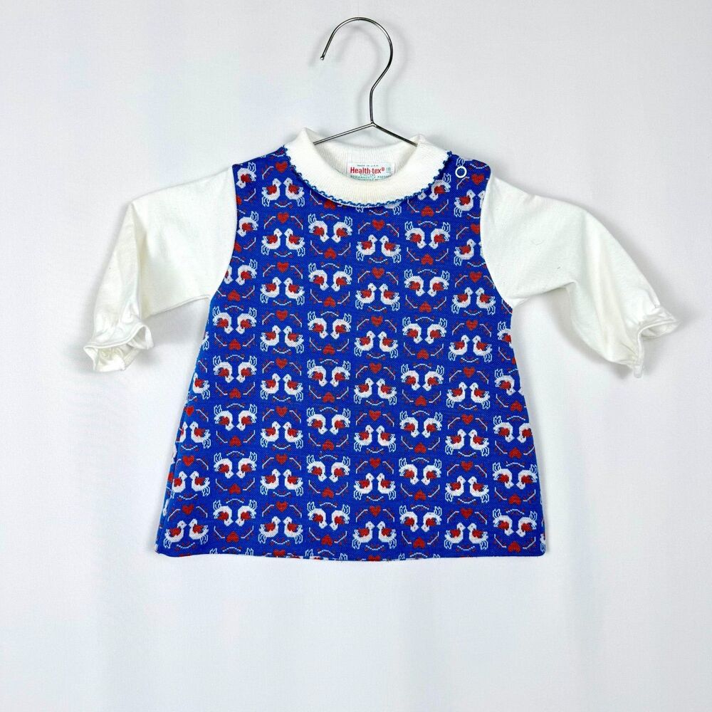 Vintage 80s HealthTex Bird & Heart Blue Baby 18 Month Tunic Dress/Shirt